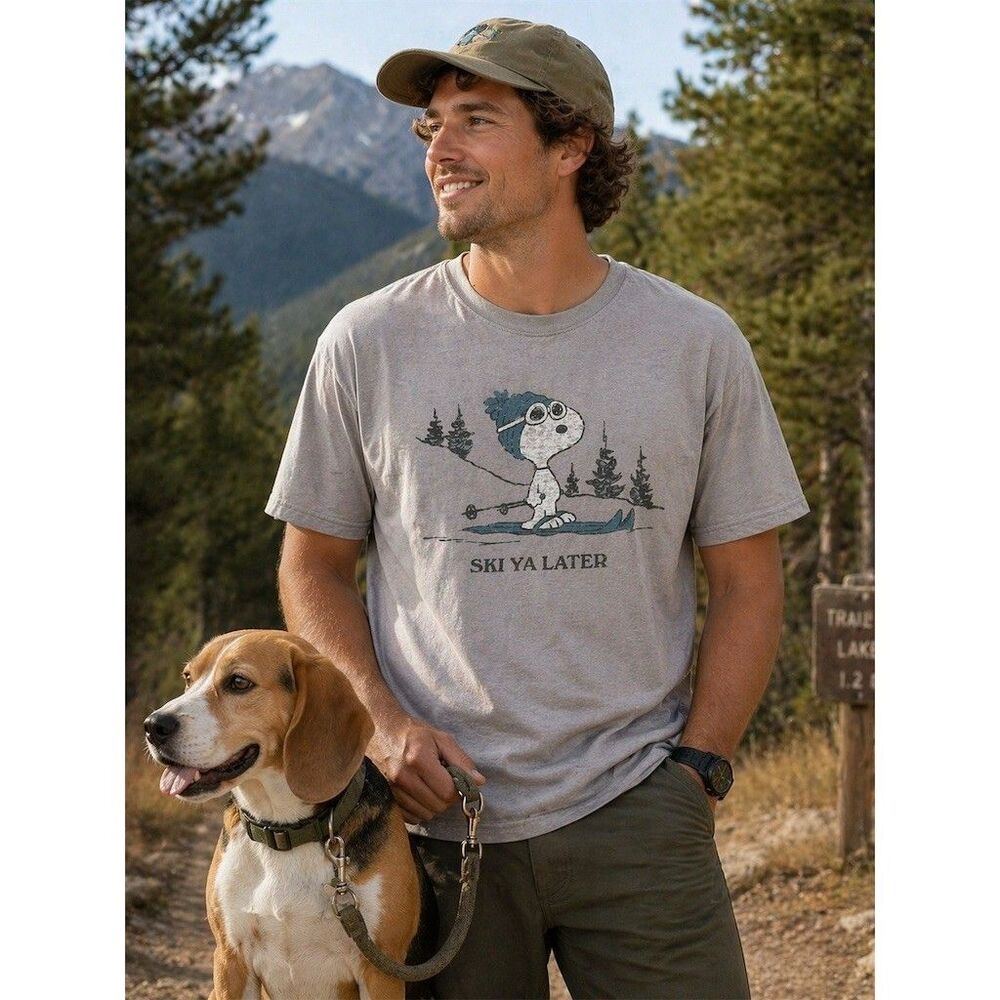 Snoopy Ski Ya Later Tee Peanuts Gray 2XL Winter Skiing Graphic Shirt - Picture 2 of 5